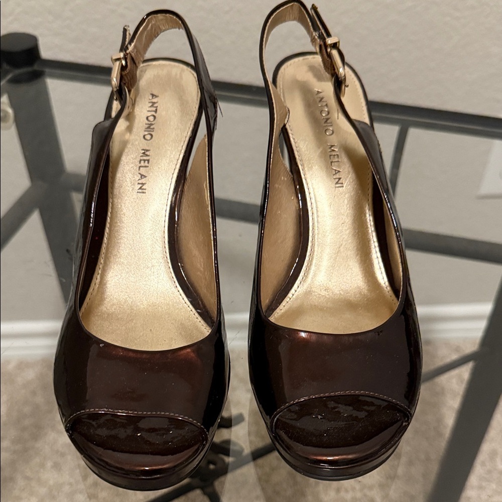 Antonio Melani Dark Brown Patent Slingback Heels Sz 7.5